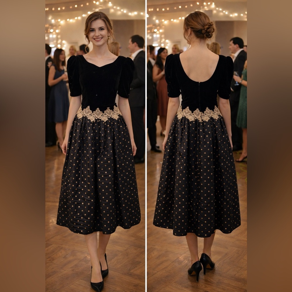Scott McClintock Vintage 1980s Black Velvet Taffeta Polka Dot Dress Size S